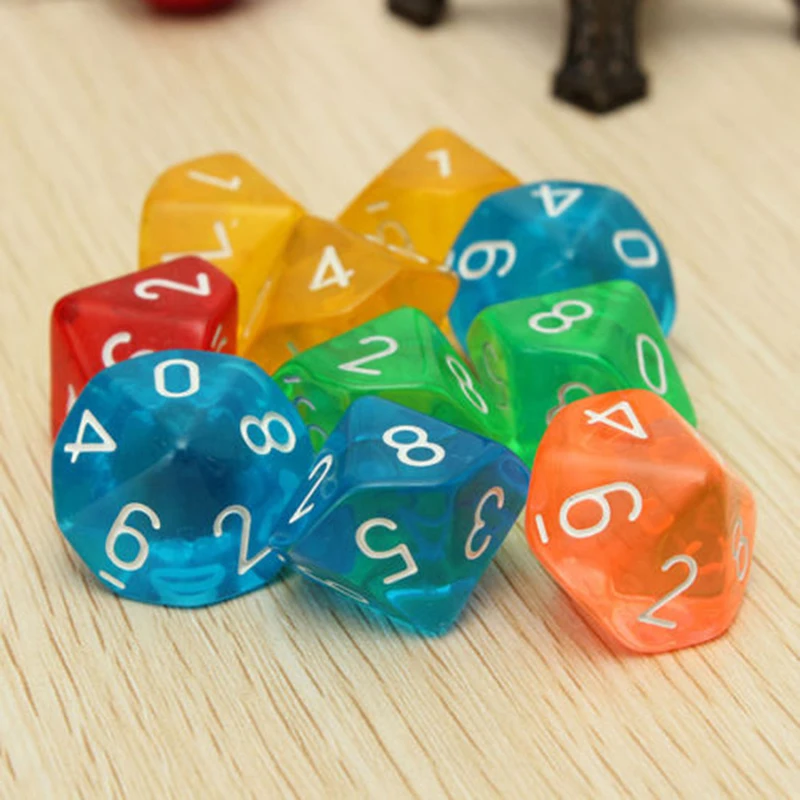 New 10pcs/set Multicolor Transparent 10 Dice Die 10-Sided Gem Dice D10 RPG Dungeons & Dragons Playing Games