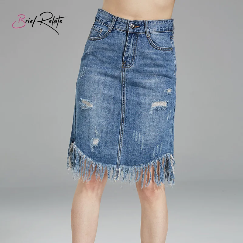 

jeans Washed Durable Elastic Denim Holes Tassels Skirts Bleached Skinny Metal Buttons Multipockets Skin Friendly Soft for Summer