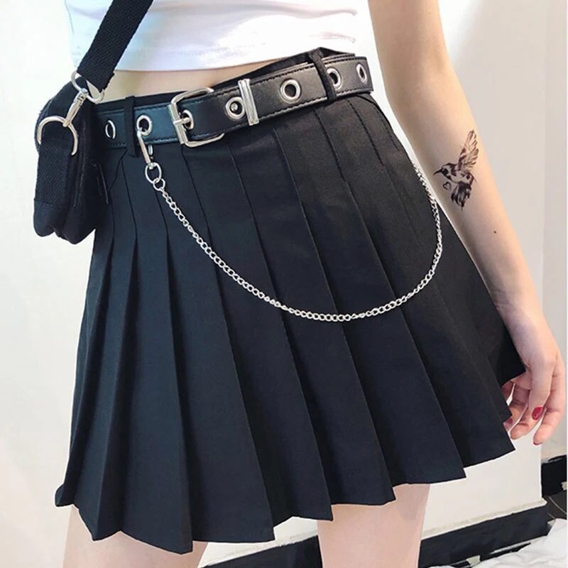 

2019 Summer New anti-light high waist women pleated skirt cosplay dance saia mini skirt women send belt + hanging chain