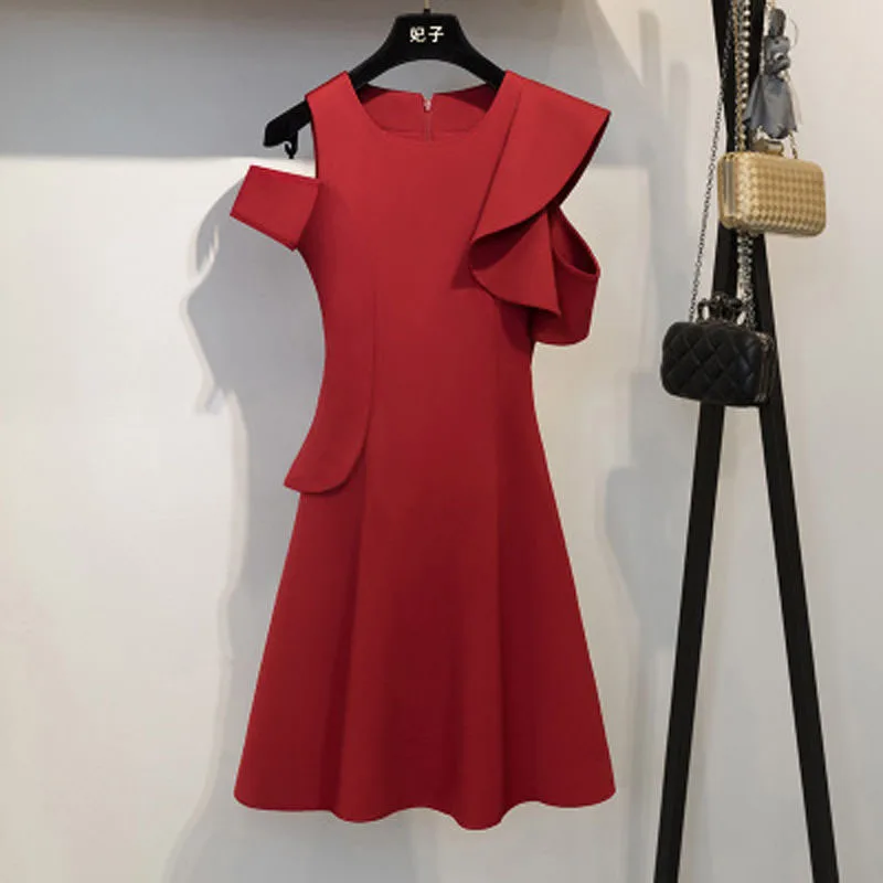 Летнее корейское повседневное женское платье с оборками элегантные женские платья - Цвет: Красный