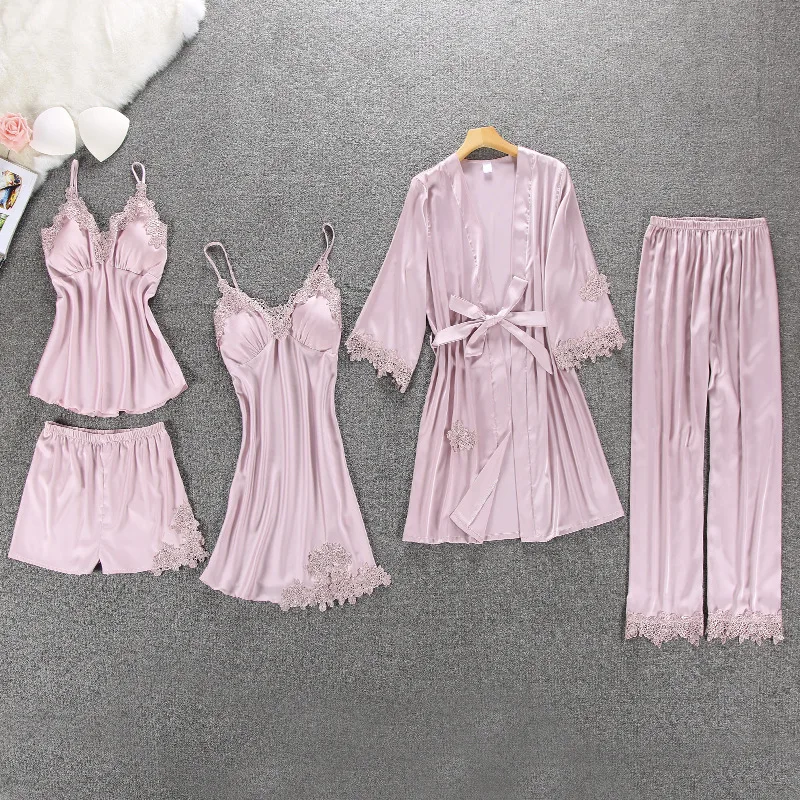 5 шт., женские пижамы из искусственного шелка, кружевное ночное белье с нагрудной накладкой, ночная рубашка+ штаны+ кардиган, комплект, Пижама - Цвет: Pink