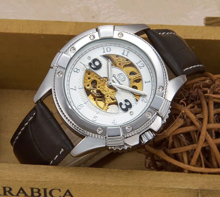 

GUCAMEL Dress Business Men Mechanical Watch Montre Homme Man Watches Top Brand Luxury Leather Skeleton Design Wristwatch