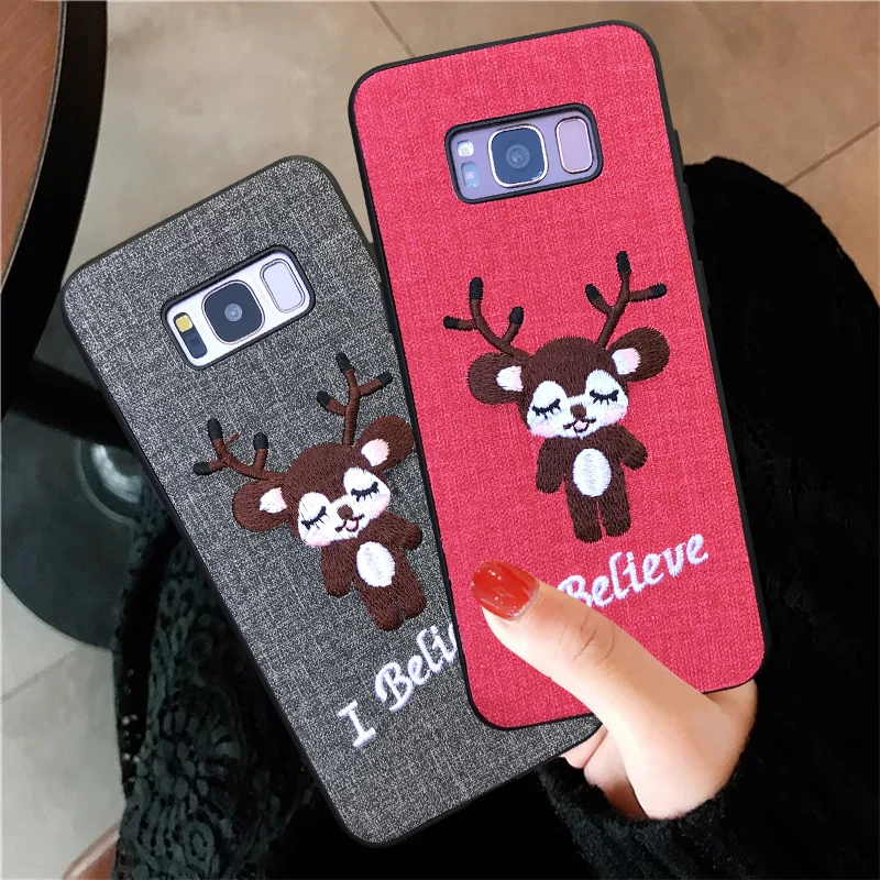 

Christmas Deer Elk Embroidery Case For Samsung Galaxy S9 S8 Plus Note 8 9 Cover Cloth Skin Fabric Soft tpu+pc Hard Phone Cases