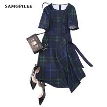 Vadim 2019 nueva línea a Plaid manga corta fajas hasta la rodilla moda Natural cuello redondo primavera mujeres vestidos L-4xl(China)