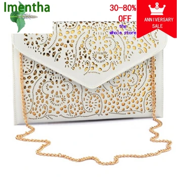 

Vintage White day clutches Hollow Out Envelope chain bag for girl lady PU Leather Handbags cut out Purses clutch bags