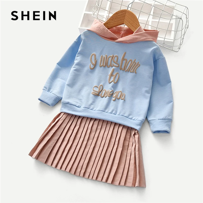 SHEIN Kiddie 2 в 1 Толстовка Повседневная цельнокроеная плиссированная Толстовка для маленьких девочек платье весенние Короткие Детские платья с длинными рукавами