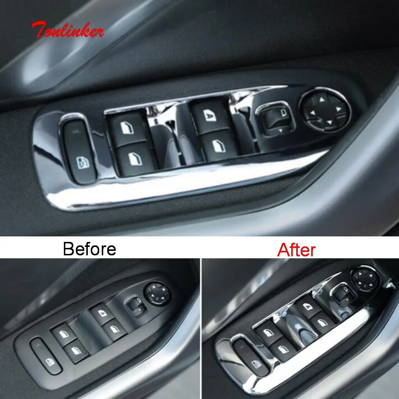 

Tonlinker Interior Window Lift Button Cover Case Stickers for Peugeot 2008 2014-19 Car Styling 4 Pcs ABS Chrome Cover stickers