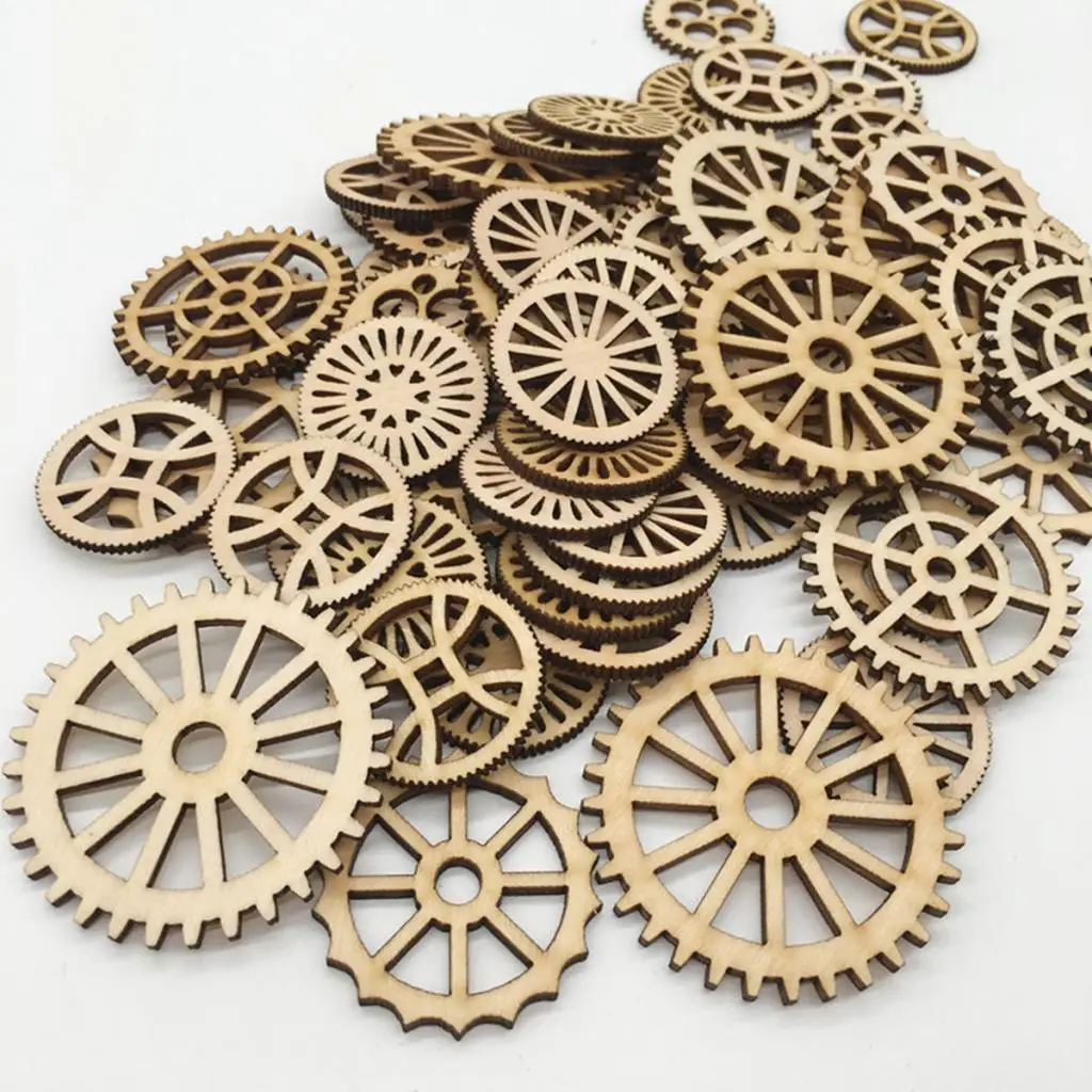 50pcs Unfinished Wood Hollow Gear Tags Cutout Wooden Pieces Embellishments 