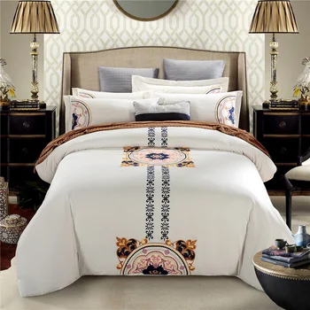 

White Egyptian cotton embroidery bedding set, King queen size bed line/bedclothes+pillowcase+duvet cover