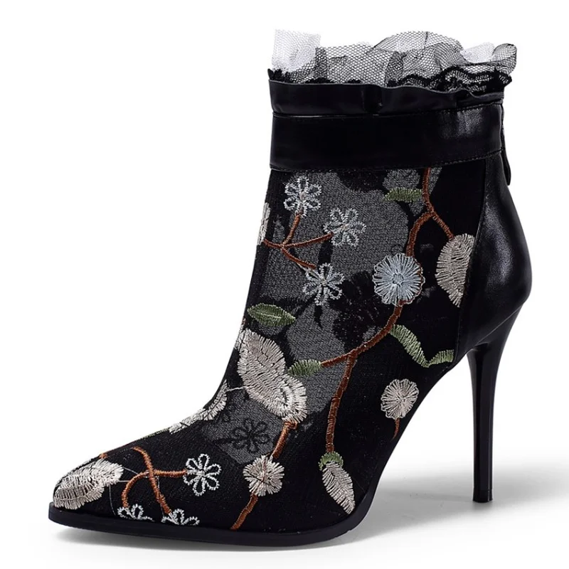 Pointu Bottes Noir L'europe Femme Mode Printemps De 2018 Automne Femmes Bout Mince Cheville Broderie Grande rose Ruches Nouvelle Hauts À Talons Taille WHDIE2e9Y