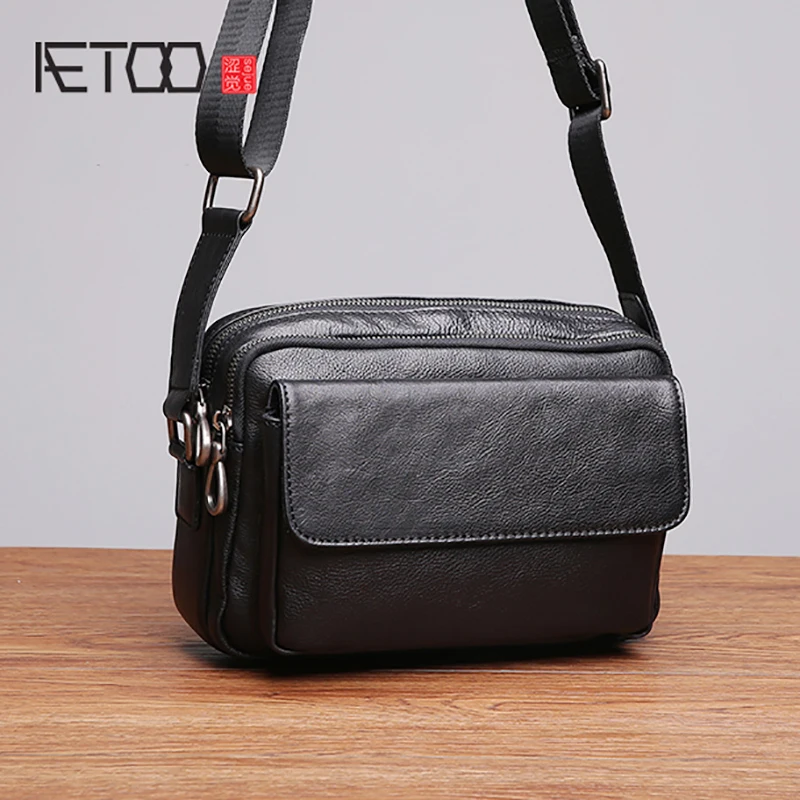 

BJYL Single shoulder bag male leather casual horizontal oblique cross small bag trend man head layer Cowhide postman bag