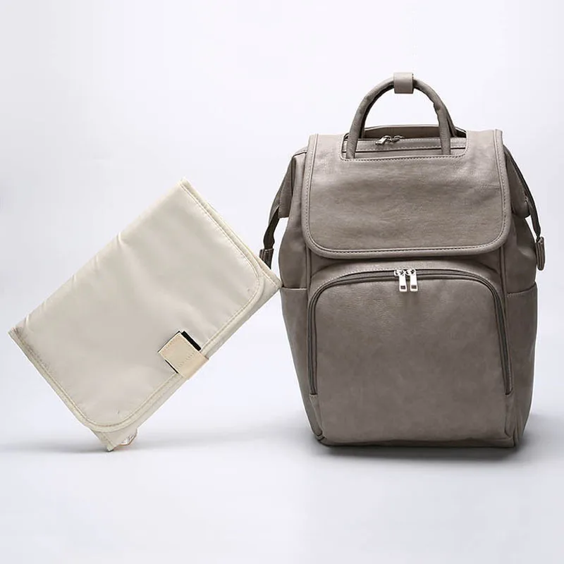 Новое поступление PU кожаная сумка для пелёнок большой Ёмкость детские сумки для мам, рюкзак для путешествий для мамы; папы+ пеленальный коврик+ Крючки для прогулочных колясок - Цвет: Серый