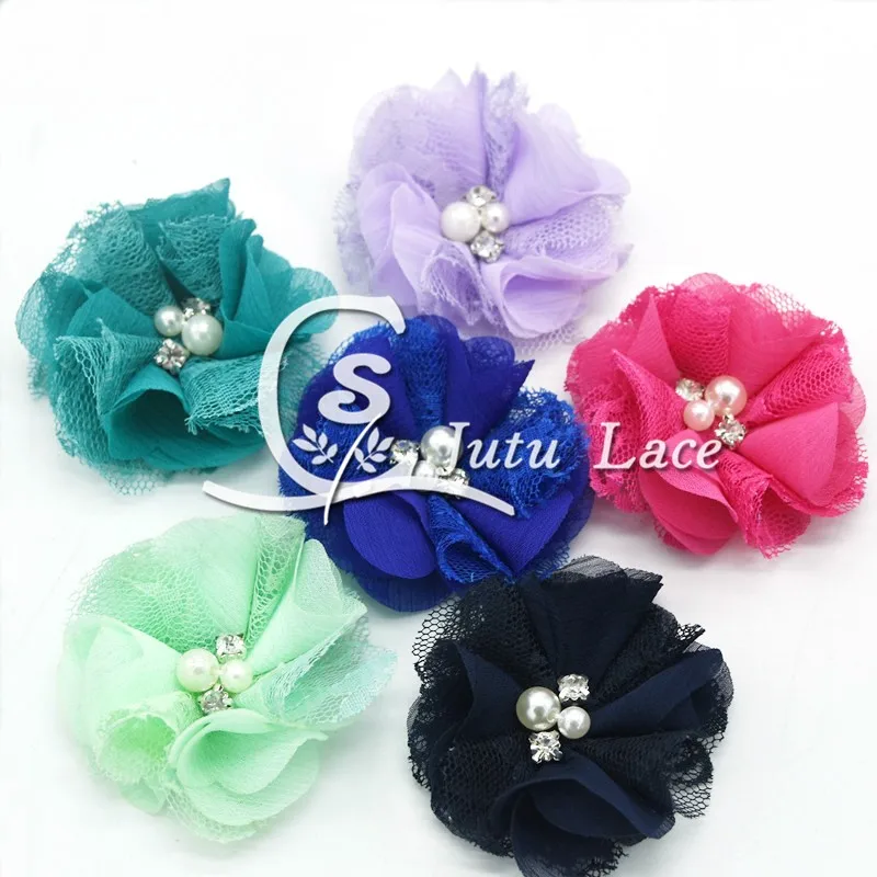2.5''pearl rhinestone chiffon lace flower (5)