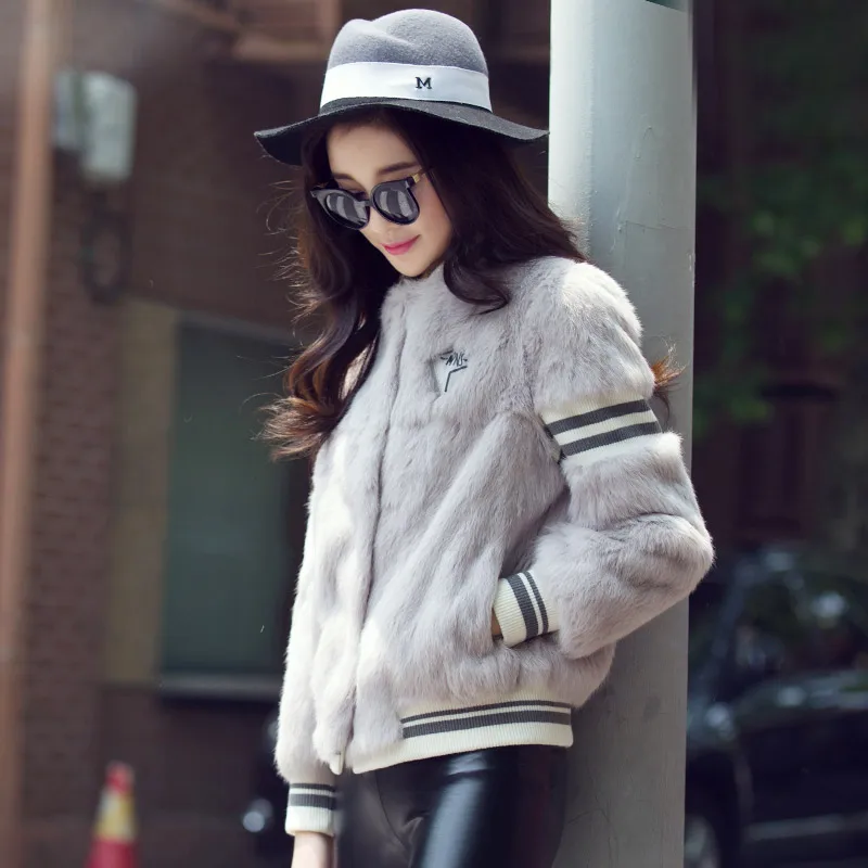 

New arrival letter embroidery natural rabbit fur coats women short baseball real fur coat outerwear 2017 autumn and winter g9268