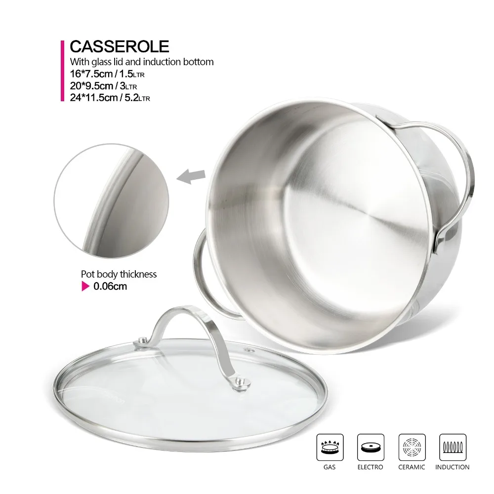 Набор кухонной посуды серии FISSMAN Gabriela из нержавеющей стали 1,5 л Saucepan-1.5L Casserole-3.0L Saucepot-5.1L кастрюля
