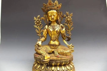 

19"Tibetan Bronze Gild lotus flower Green TaRa Guan yin Kwan-yin Buddha statue
