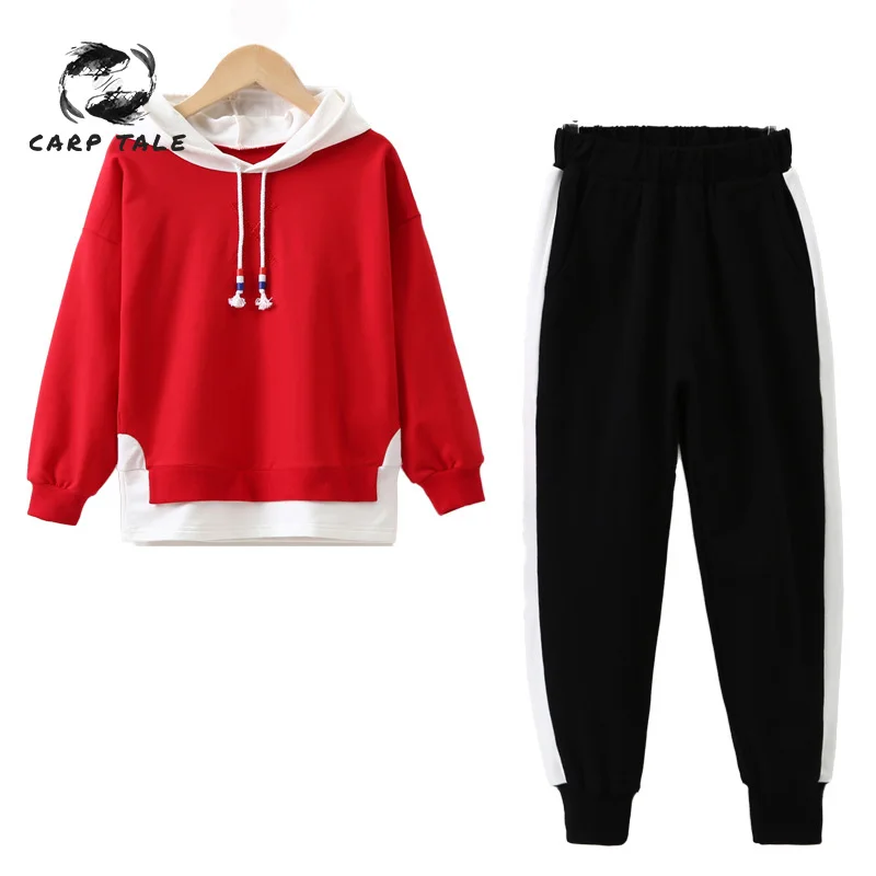 

Children's clothing 2019 girls spring new fashion set children's clothing cotton red long-sleeved shirt + black pants two-piece