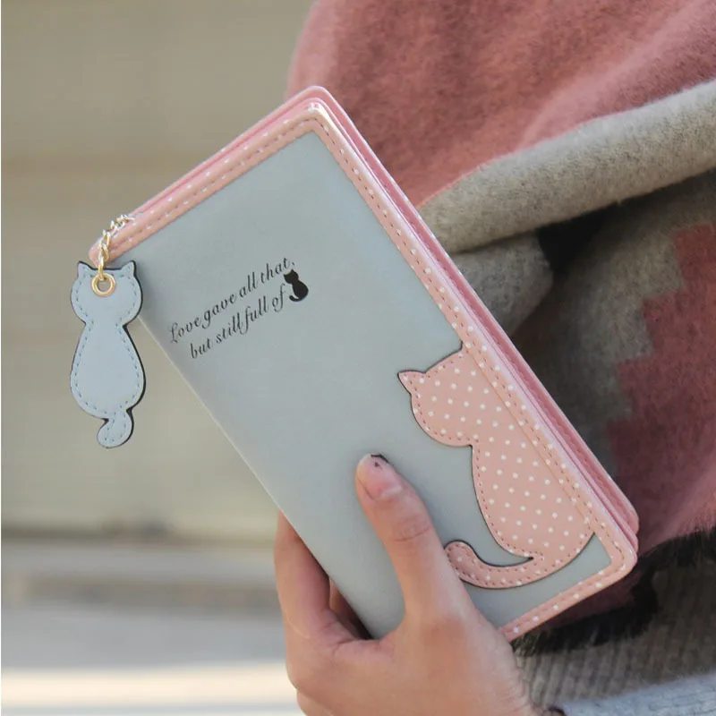  Ourlove 2015 New Arrvial Fashion Women Long Design Cat Purse Cute Wallet Bags PU Leather Handbags Card Holder Free Shipping 