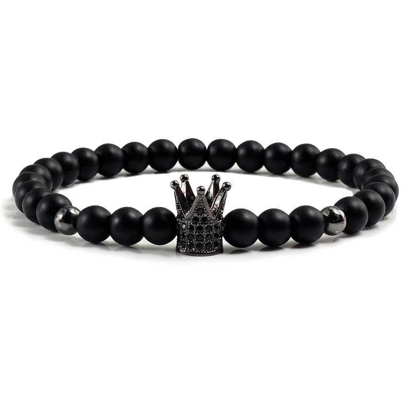 

Charms Natural Stone Bracelets Men Gold Sliver CZ Crown Beads Black Matte Beaded Bracelets Bangles for Women Strand Jewelry Gift