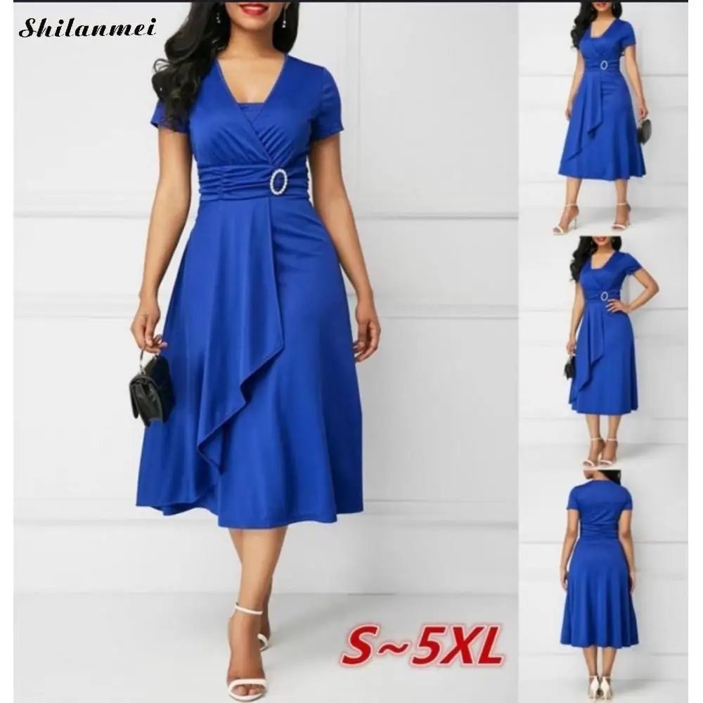 

2019 Women Elegant Casual Office Dress Plus Size 4xl 5xl Short Sleeve V Neck Evening Party Dress Fashion Ruffle Ladies Dress
