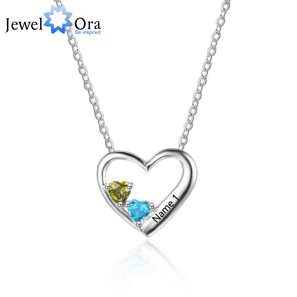 Personalized 925 Sterling Silver 2 Birthstone Necklace Pendants Engraved Heart Birthstones Necklace Mom Gift Jewelora Ne101877 Mom Gift Birthstone Necklace925 Sterling Silver Aliexpress