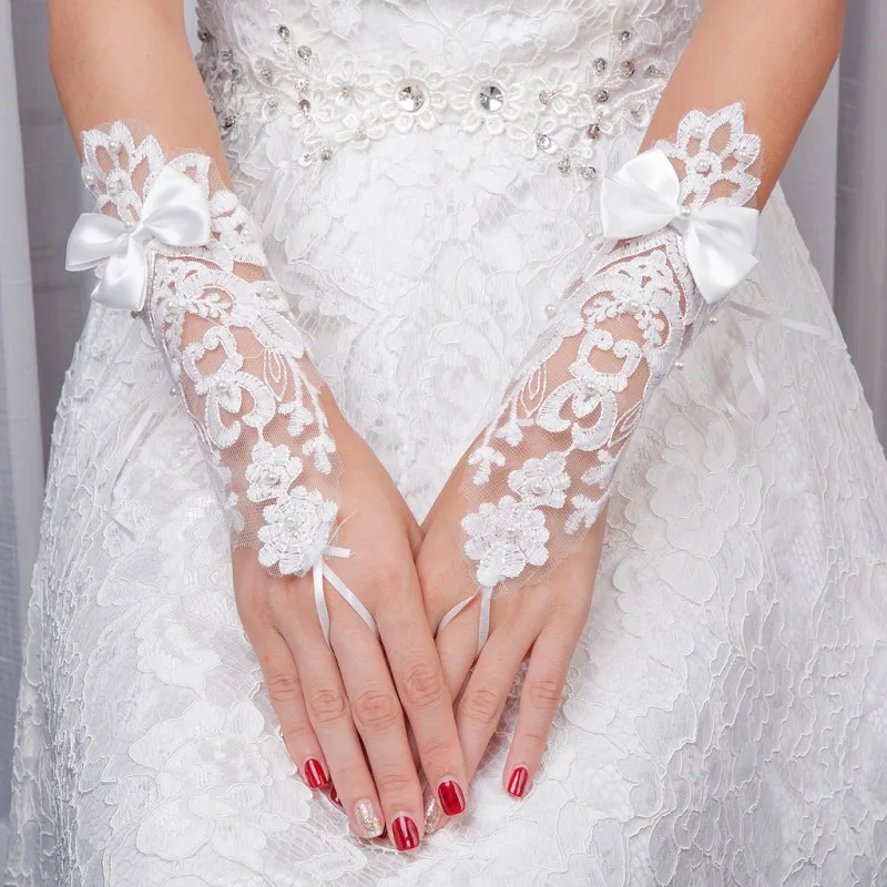 Бисерные митенки для невесты атласный бант на шнуровке женские свадебные перчатки свадебные аксессуары
