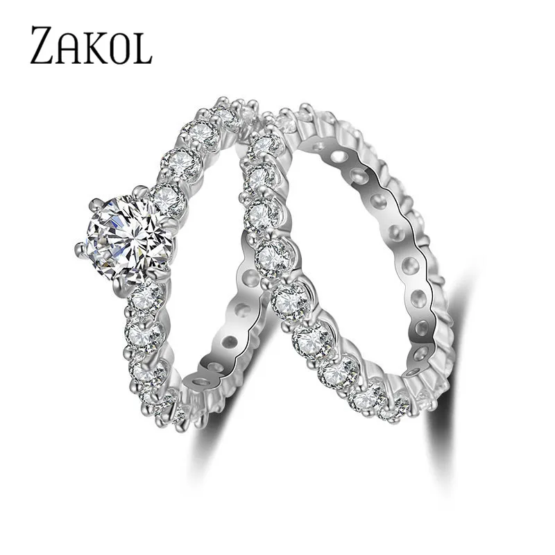 ZAKOL модное круглое кольцо с фианитом комплект из 2 предметов свадебные украшения