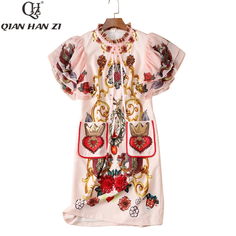 

Qian Han Zi 2019 Fashion Designer Autumn Dress Women's ruffled sleeves elegant sweet print beaded luxury Straight dress