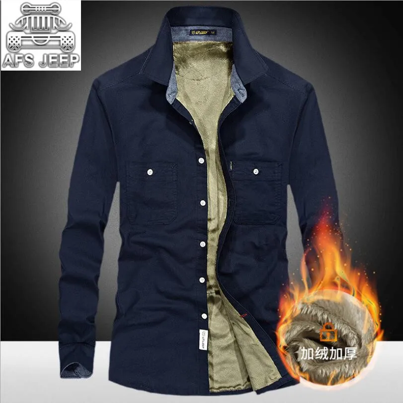 

Fur Inside Men Shirts Autumn Winter Plus Size 4XL Business Casual Slim Fit Long Sleeve Denim Brand Clothing AFS JEEP Military