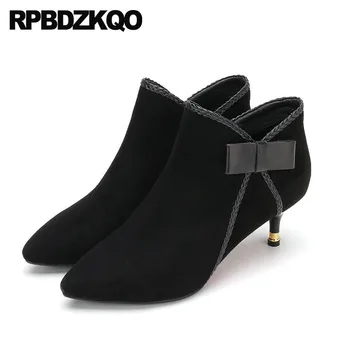 

Stiletto Pointed Toe Women Ankle Boots Medium Heel Bow Genuine Leather Black Suede Slip On Booties Sheepskin High Quality Shoes