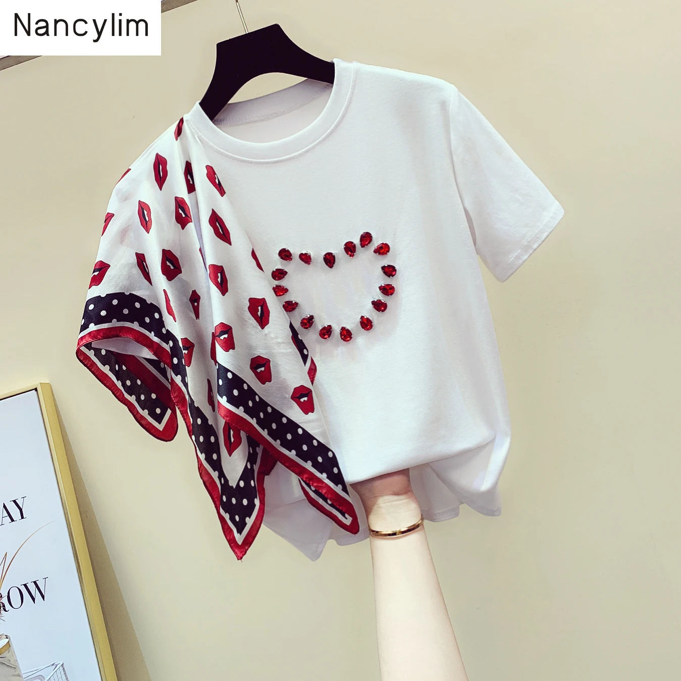 

Summer Girls Ladies New Loose Wave Point Scarf Beaded Short Sleeve T-shirt for Students White Tees Tops Female T Shirts