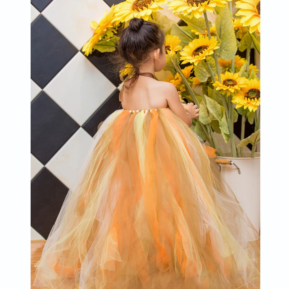 Halloween Scarecrow Costume for Girls Sunflower Dress Ankle Length Pumpkin Thanksgiving Carnival Tutu Dress Ball Gowns Children (10)
