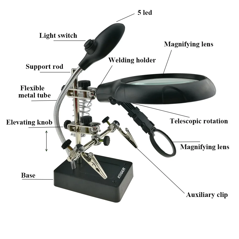 Светильник KSGER, лупа, лампа для сварки, инструменты для ремонта, зажим, Аллигатор, Вспомогательный зажим, подставка, Настольная паяльная станция, увеличительное устройство для телефона