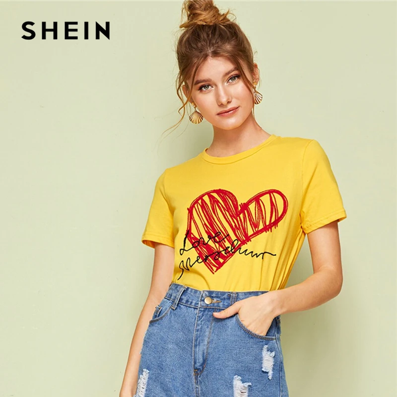 SHEIN женская простая футболка с круглым вырезом и графическим принтом Летняя Повседневная Минималистичная женская футболка с коротким рукавом и надписью Топы