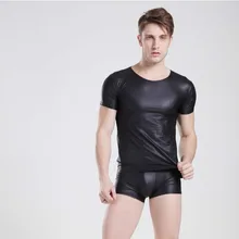 Сексуальные мужские кожаные рубашки+ шорты для геев с коротким рукавом, облегающий топ для мужчин, Повседневная летняя одежда