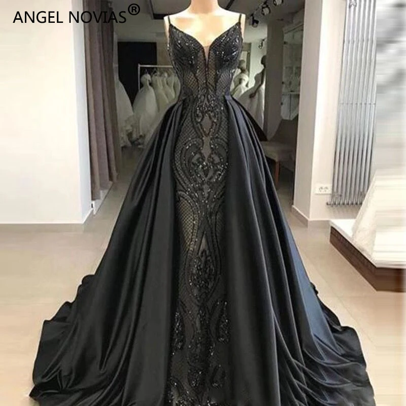 ANGEL NOVIAS Long Black Mermaid Glitter Abendkleider Saudi Arabische Vrouwen Avondjurken 2018 met Afneembare Rok hochzeitsklei ANGEL NOVIAS Long Black Mermaid Glitter Abendkleider Saudi Arabische Vrouwen Avondjurken 2018 met Afneembare Rok hochzeitsklei