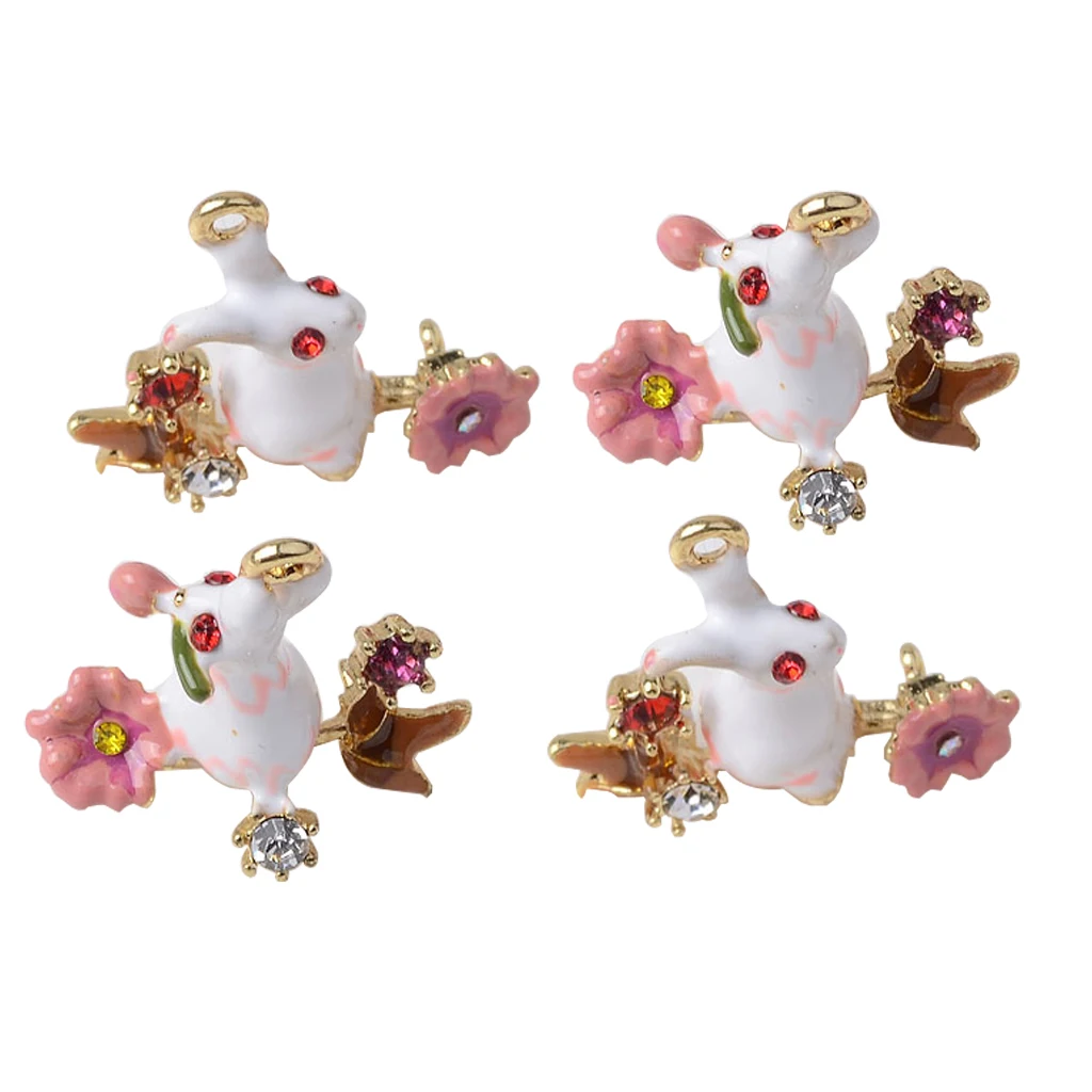 4Pcs Rhinestone Decorated Easter Rabbit with Flower for Hanging Charms Pendants /Earring Findings Crafts/Necklace Bracelets DIY