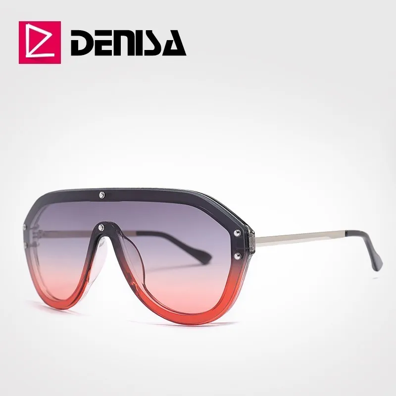 DENISA, большие мужские солнцезащитные очки,, роскошные солнцезащитные очки для девушек, цельные линзы, градиентные, негабаритные очки, Ретро стиль, UV400, G2032 - Цвет линз: Gray-Red Sunglasses