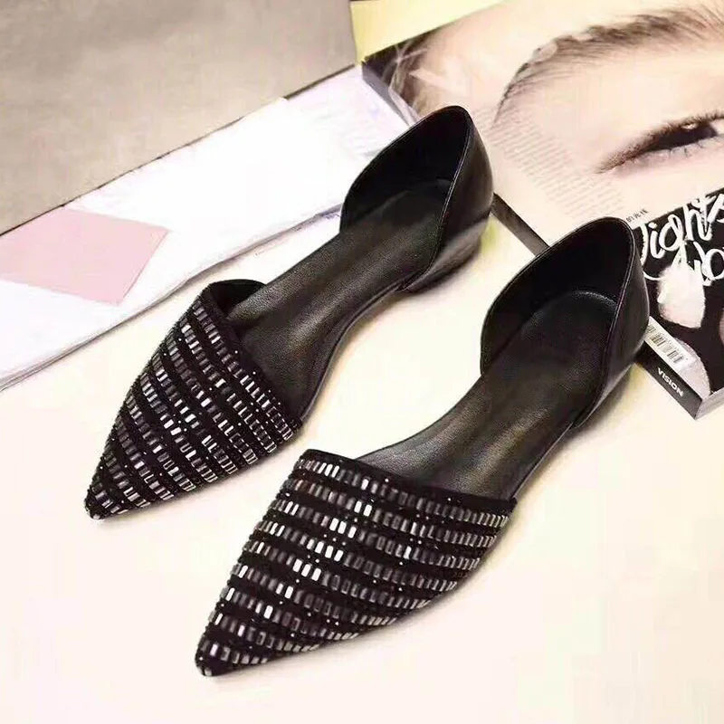 

Sandalias mujer 2020 Bling Bling Glitter Black Summer Flat Sandals Slip On Pointed Toe Crystal Embellished Shoes Woman Jelly