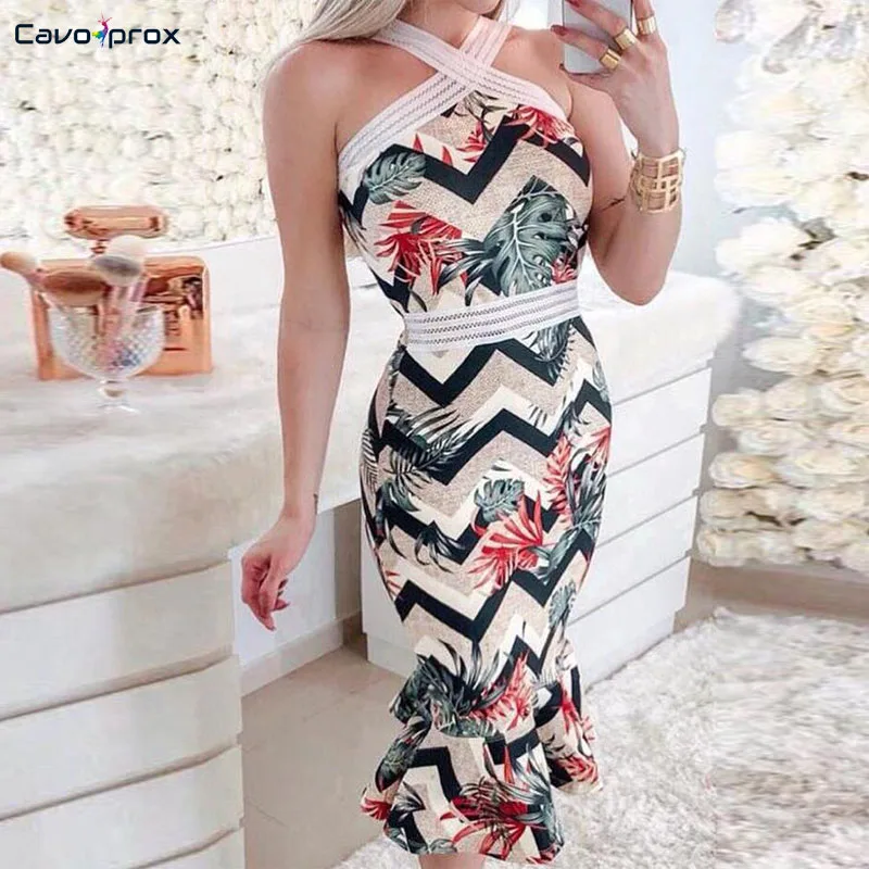 

Women Crisscross Halter Floral Print Dress Streetwear Trumpet Mermaid Sleeveless Mid-Calf Bodycon Elegant Beach Style Dress