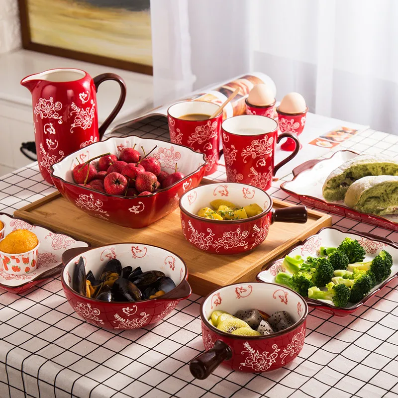 

Luxury Chinese Style 12pcs of Set Milk Cup Mugs Rice Soup Dish Flat Plate Teapot Romantic Tableware For Lovers Dinnerware Set