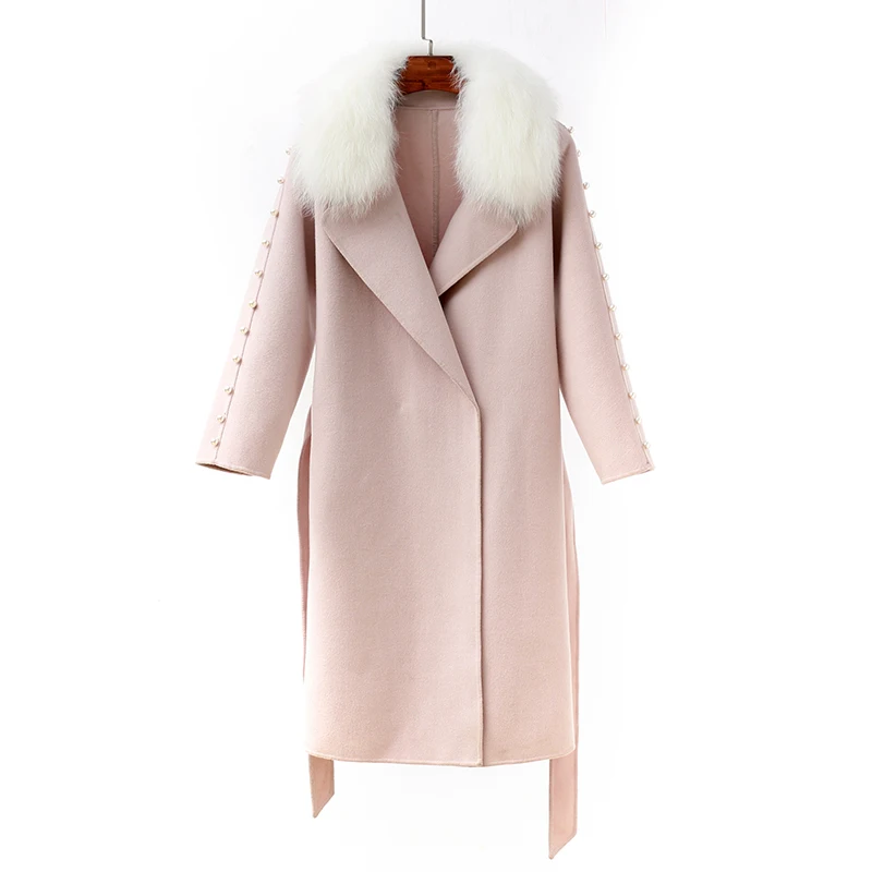 

High Quality wool coat Women 2019 Autumn Winter Runway Fashion Design Long Sleeve pearls Women Outfit
