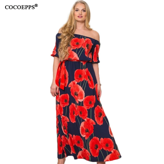 2018 Women sexy Lotus Print 5XL 6XL Plus Size Long floor length Dress Large size off shoulder Slash neck Maxi Dresses clothes
