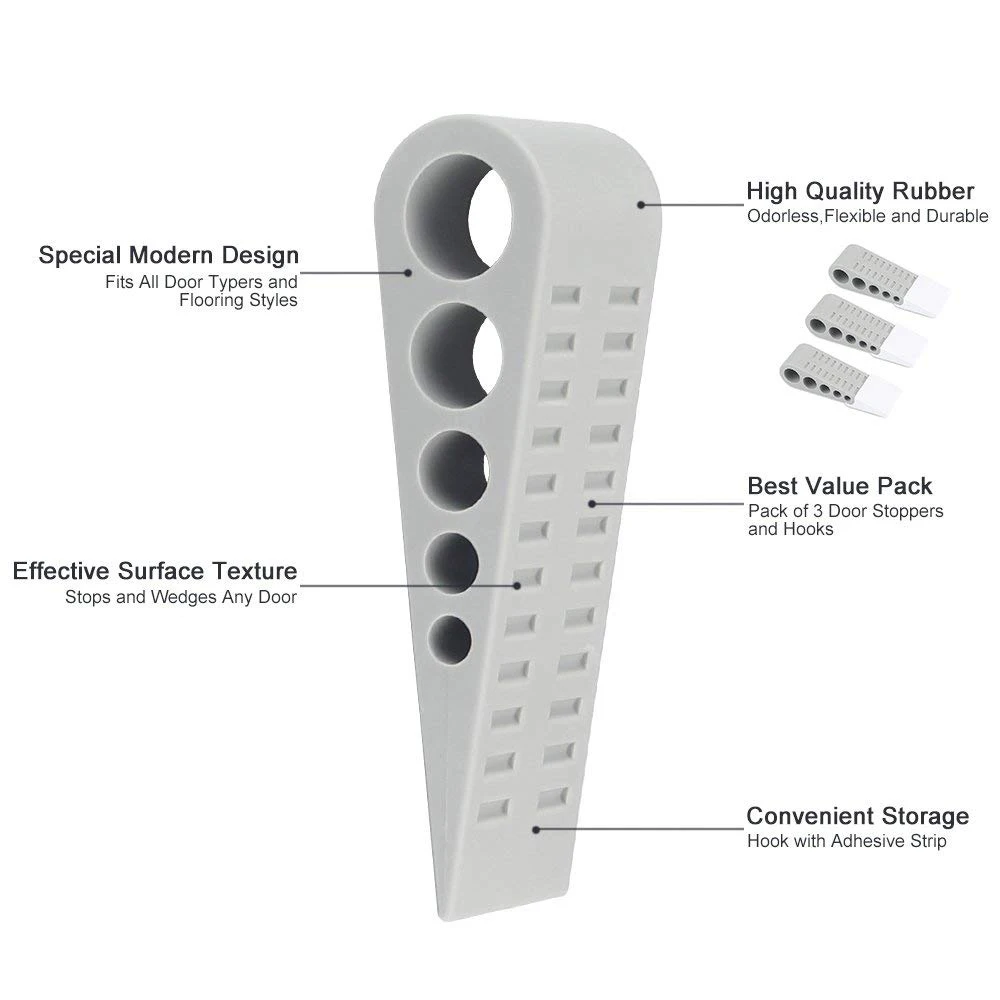

Door Stopper Heavy Duty Door Stop Wedge with Decorative Holder for Home and Office, Works on All Surface, 3 Pack, Grey
