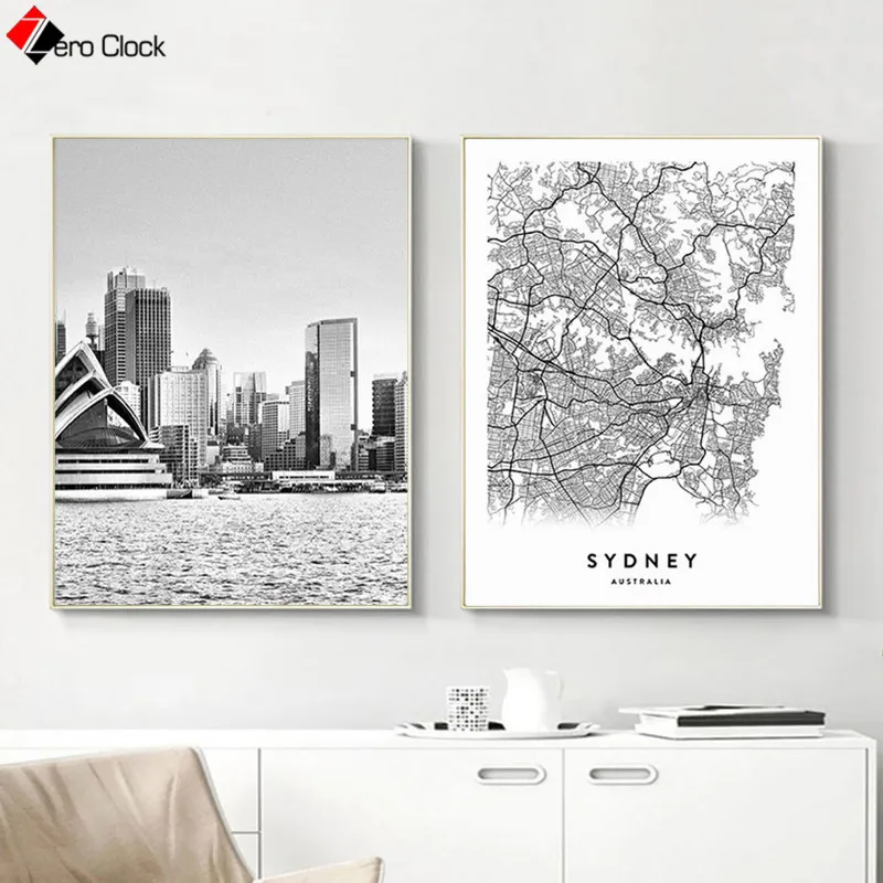 Сиднейский городской пейзаж, холст, живопись, Австралия, карта, печать, плакат для путешествий, черно-белая настенная живопись, настенные картины для гостиной