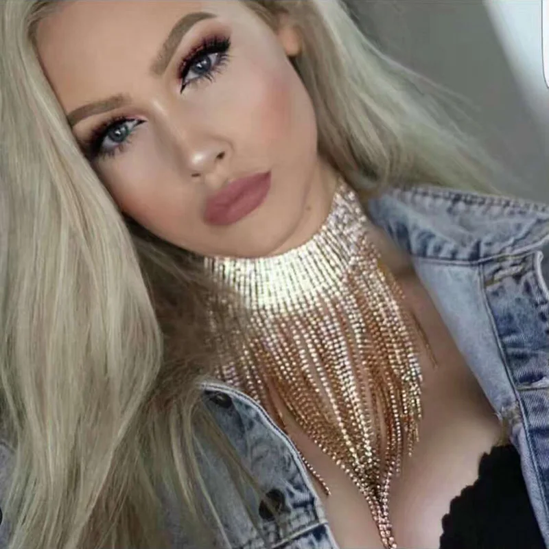 

Special Design Tassel Collar Pendant Long Chokers Necklace Women Rhinestone Wedding Maxi Statement Necklace Wholesale