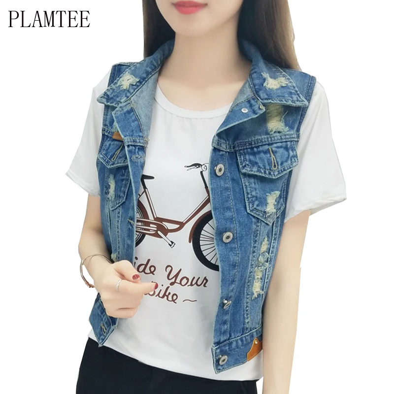 PLAMTEE Women Holes Denim Vests New 2017 Summer Sleeveless Ripped Fashion Jeans Tops Harajuku