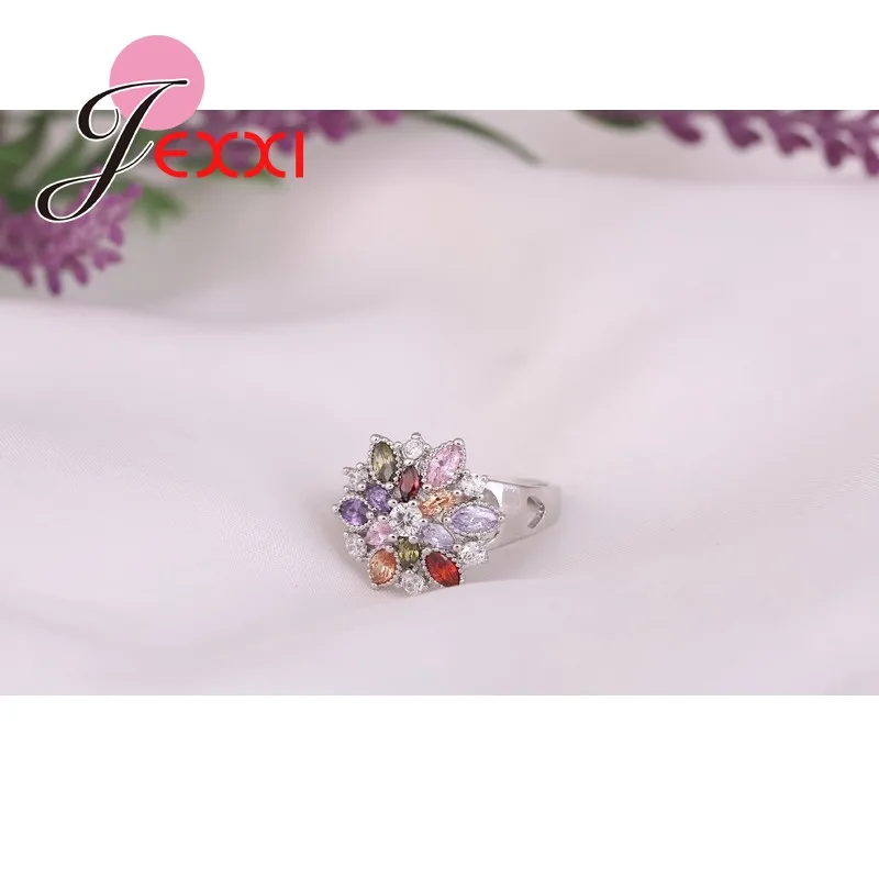 JEXXI Fashion Colorful CZ Crystal 925 Sterling Silver Jewelry Party Finger Ring for Women Wedding Engagement Rings Bijoux