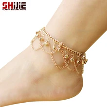 SHIJIE Boho Sexy Summer Beach Barefoot Bell Women Ankle Bracelets Anklets Love Gold color Tassel Foot