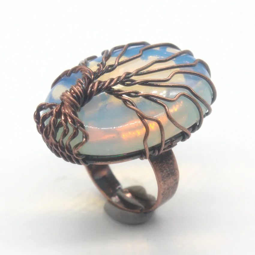 

Kraft-beads New Trendy Copper Handmade Wire Wrap Oval Resizable Opalite Opal Ring For Engagement Jewelry